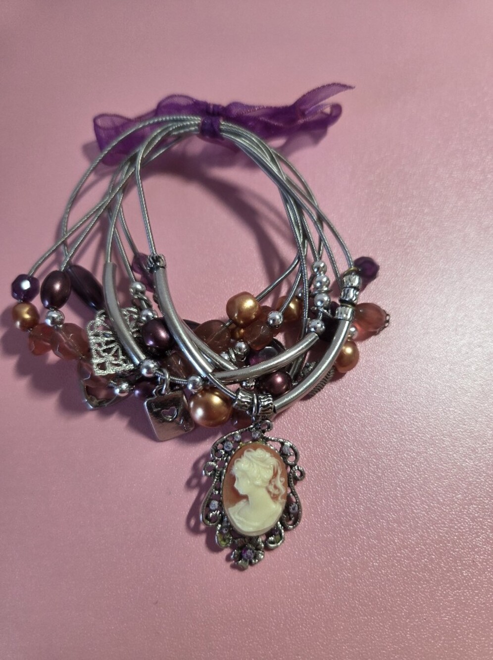 Multi-Strand Purple Cameo Beaded Charm Bracelet